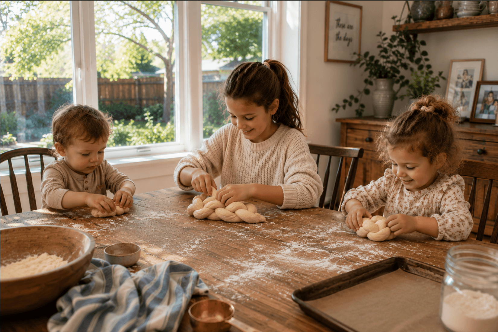 Children baking together at a wooden table with dough and flour