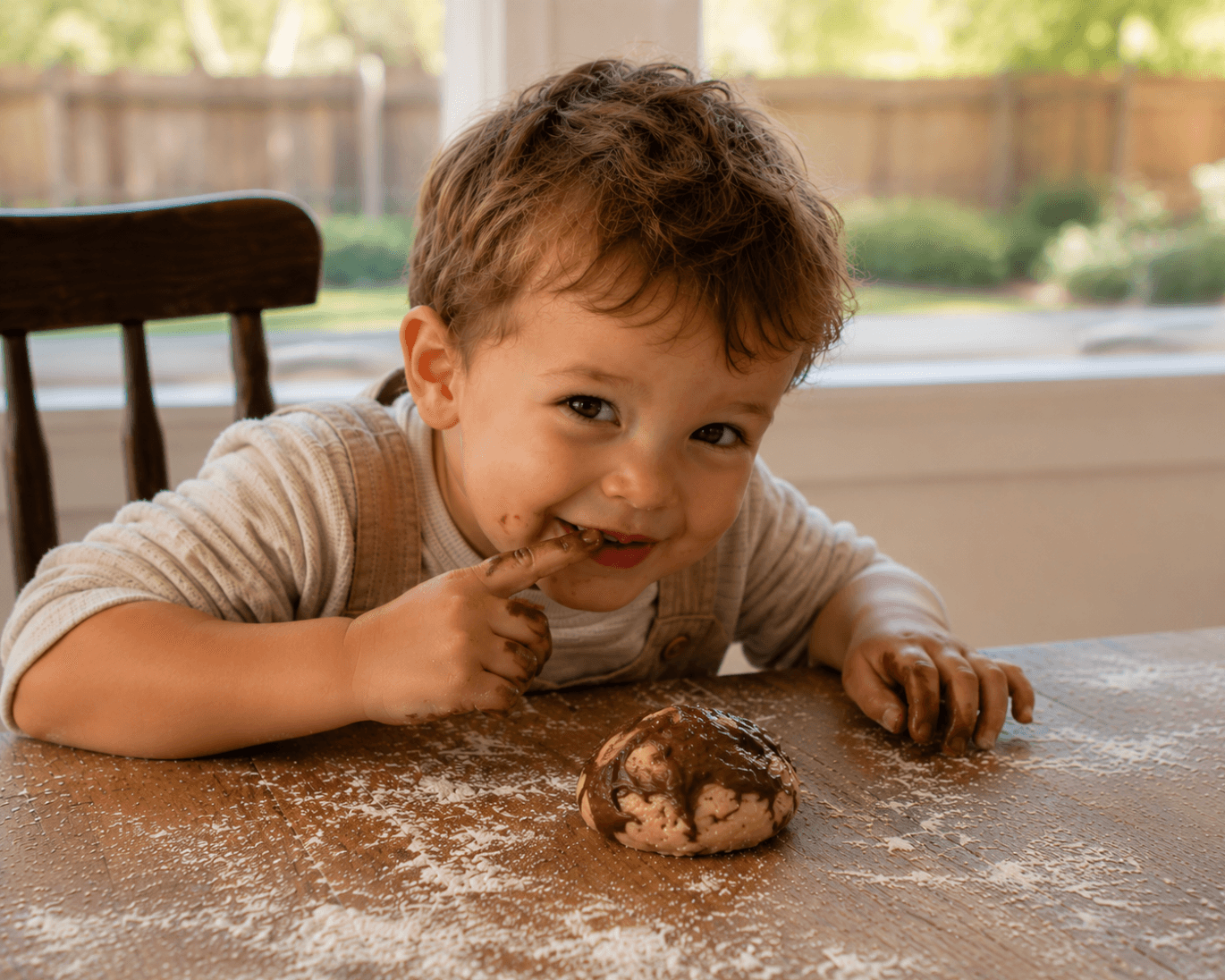 A child tasting chocolate frosting while baking at the kitchen table